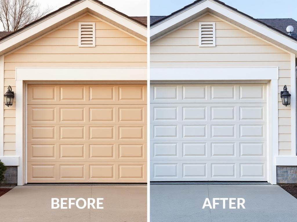 Before and after garage door replacement showing quality workmanship