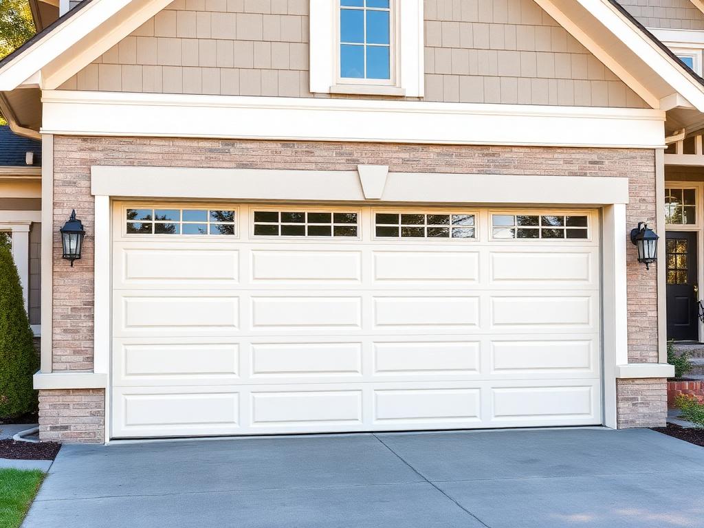 Insulated steel garage door with windows on upscale home
