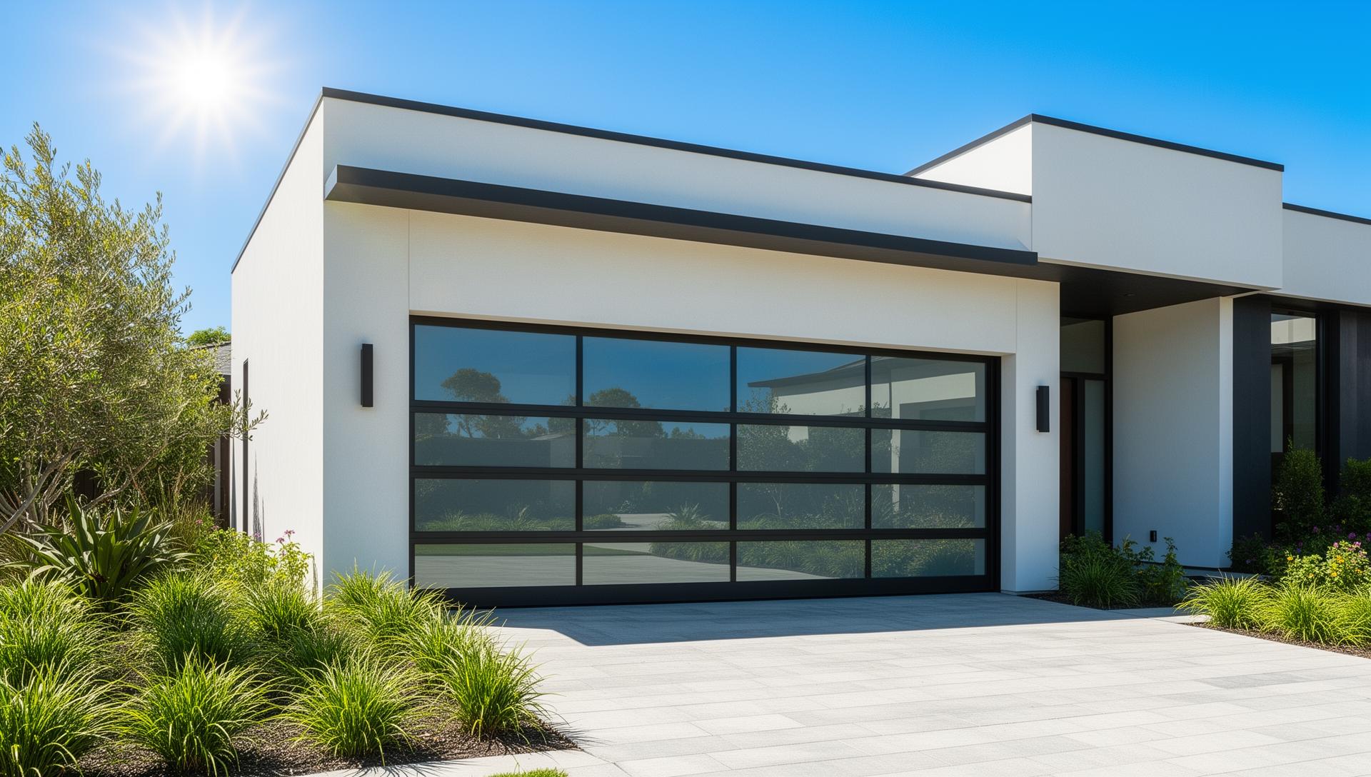 Modern aluminum glass panel garage door installation in Galveston